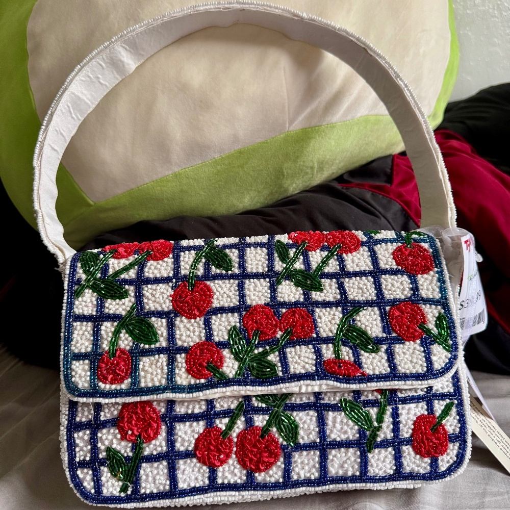 Beaded Cherry Shoulder Bag - White/Red